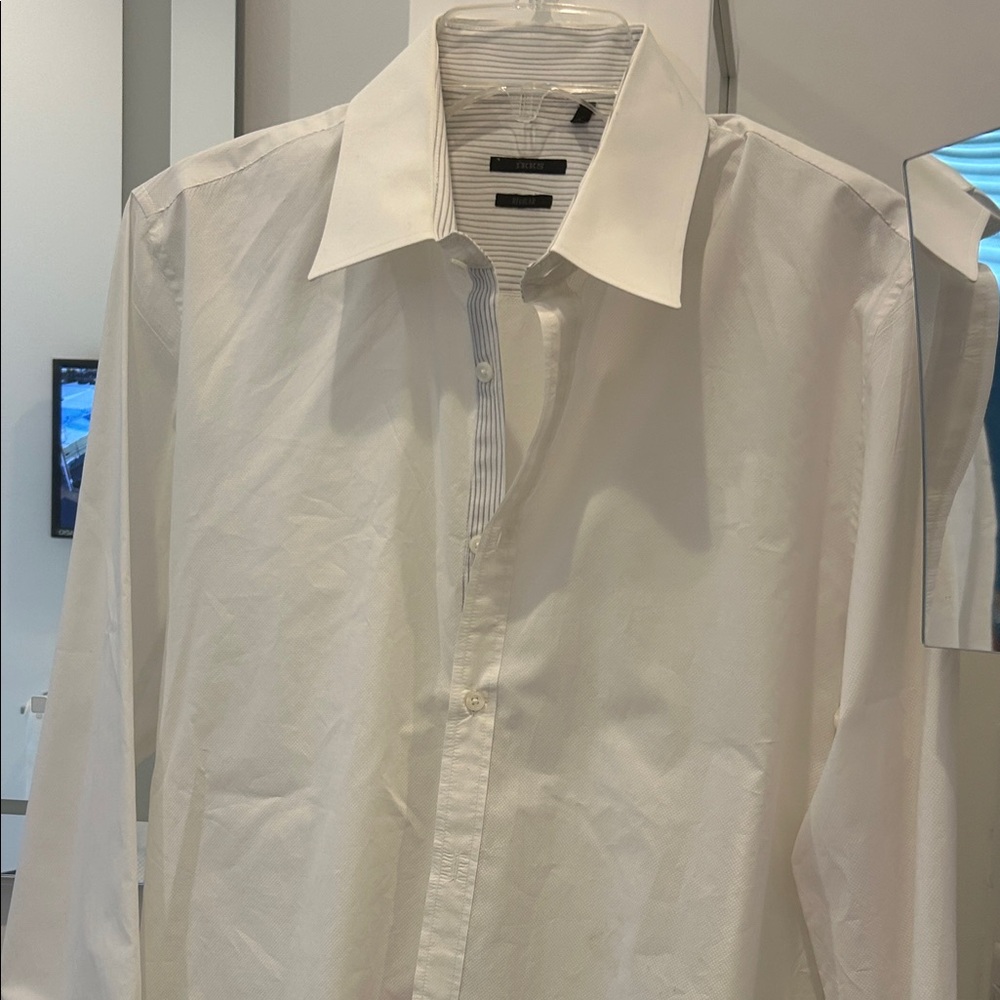 Ikks White Dress Shirt with navy stipe detail, lightly dotted print cotton